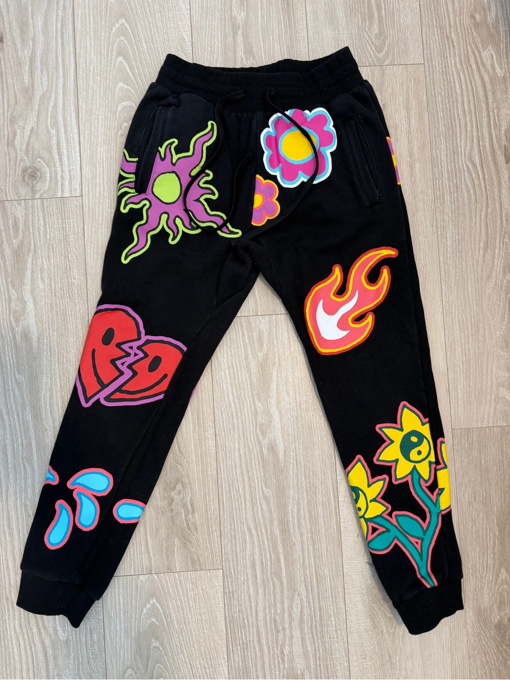 PacSun Black Sweatpants with Multicolor Graphic Patches